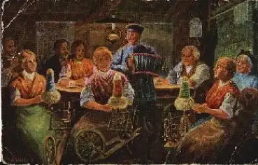 Hausarbeit Spinnstube Thüringen Spinnrad Künstlerkarte Rowland o ca. 1925