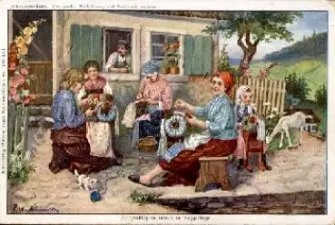 Hausarbeit Spitzenklöpplerinnen Erzgebirge Künstlerkarte Rud. Schneider Ziege * ca. 1920