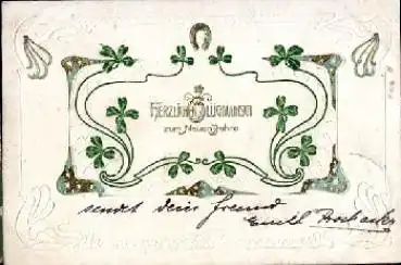 Neujahrskarte Hufeisen Jugendstil Goldprägekarte o 2.1.1907