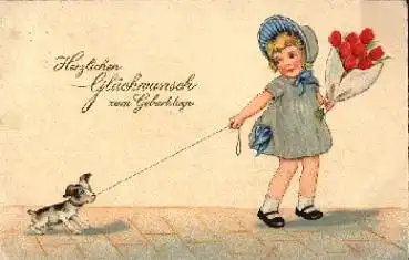 Mädchen mit Hund und Tulpenstrauß gebr. 2.2.1930