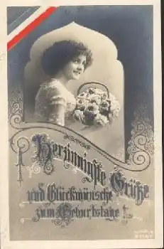 Geburtstagsgrüsse Patriotika 1.WK Frau mit Rosenkorb  gebr. 12.11.1917