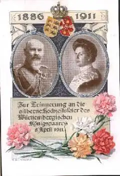 Württemberg Silberhochzeit des Königspaar Künstlerkarte P. Schnorr Nelken gebr. 1911