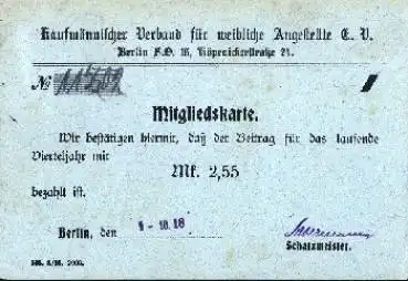 kaufmännischer Verband für weibliche Angestellte, Mitgliedskarte o 21.11.1918