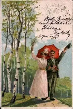 Paar mit Sonnenschirm Pfingsten Künstlerkarte Mailick  o 3.6.1900