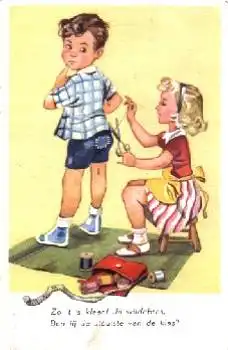 Schneiderin Mädchen näht Jungen Flicken an Hose  o 5.3.1959