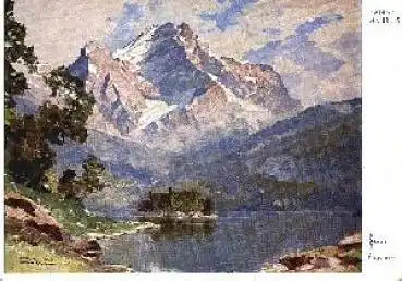 Eibsee mit Zugspitze Künstlerkarte Hanns Maurus gebr. ca. 1950