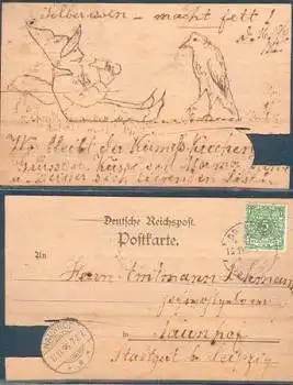 Holzkarte mit Zwerg und Vogel o 15.11.1896