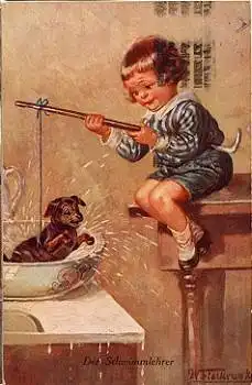Dackel beim Baden Kind Künstlerkarte W. Fielkran o 21.3.1929