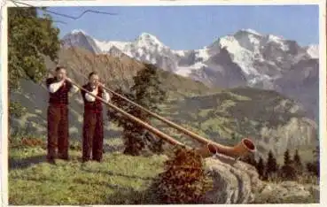 Alphornbläser mit Eiger, Mönch und Jungfrau, gebr. 30.6.1959