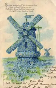 Windmühle aus Vergissmeinnicht Blumen Prägekarte o 22.6.1905
