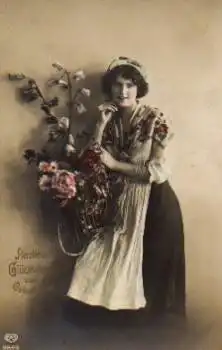 Frau mit Korb mit Rosen Geburtstag, Nr. 8969/6, gebr. ca. 1920