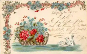 Glueckwunschkarte mit Rosen und Vergissmeinnicht Schwäne Prägekarte o 24.2.1903