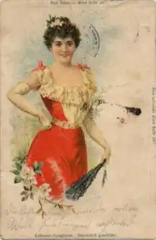 Frau mit roten Kleid und Fächer Künstlerkarte gebr. ca. 1900