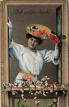 Frau mit Blumenhut "Ich grüße Dich" o 23.8.1910