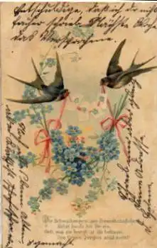 Schwalben mit Briefgirlande und Vergissmeinnicht Prägekarte o 14.2.1905