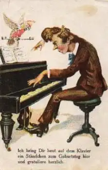 Papagei auf Klavier Künstlerkarte gebr. ca. 1920