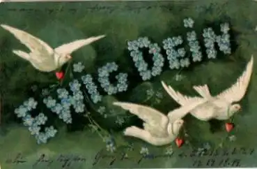 Tauben mit Herzen Vergissmeinnicht Prägekarte gebr. ca. 1900