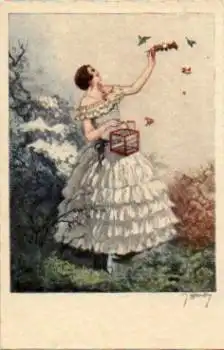 Frau mit Vogelkäfig Künstlerkarte J. Hardy * ca. 1964