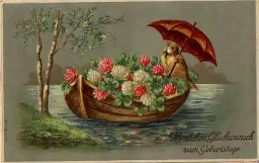 Vogel in Boot mit Klee Prägekarte gebr. ca. 1910