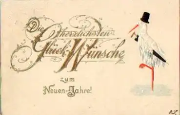 Storch, Neujahr Goldprägekarte o ca. 1900