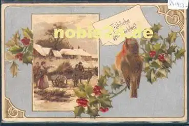 Rotkehlchen mit Eselkarren Prägekarte gebr. ca. 1910
