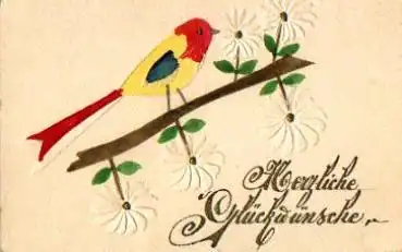 roter Vogel auf Ast Glückwünschkarte * ca. 1920