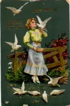 Vögel Mädchen füttert Tauben gebraucht 4.9.1907