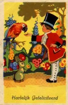 Junge füttert Papagei, Hase, gebr. ca. 1940