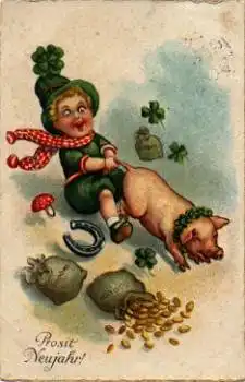 Kind hält Schwein am Schwanz, Münzsäcke, Fliegenpilz, gebr. 1.1.1929