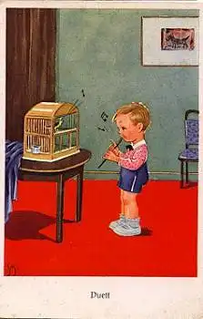Junge spielt vor Kanarienvogel im Käfig Flöte Künstlerkarte, * ca. 1950