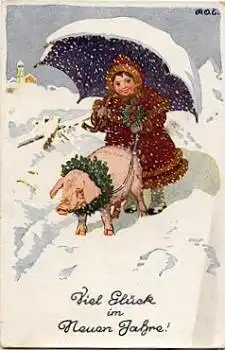 Mädchen mit Regenschirm und Schwein Künstlerkarte ROE, * ca. 1920