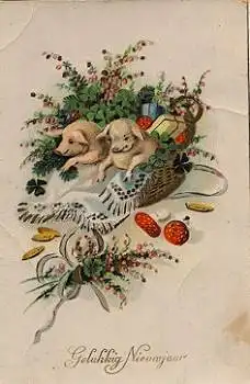 Schweine in Präsentkorb, Neujahrskarte, o 30.12.1924