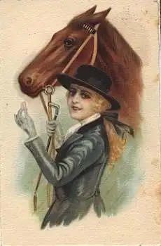 Reiterin hält Pferd am Zügel Künstlerkarte o 21.1.1925