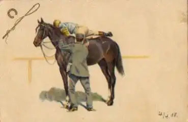 Pferde Jockey beim Aufsteigen Künstlerkarte gebr. 4.4.1910