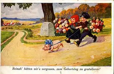 Kinder mit Blumenstrauss mit Schwein an Leine gebr. ca. 1930