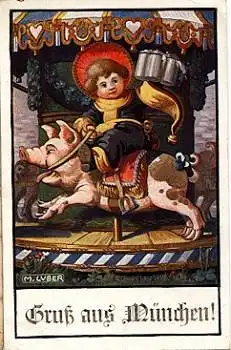Schweine Kind mit Bierkrügen auf Karussel Künstlerkarte M. Luber, gebr. 17.09.1922