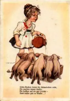 Mädchen füttert Schweine, Künstlerkarte H. Pexk, gebr. ca. 1960