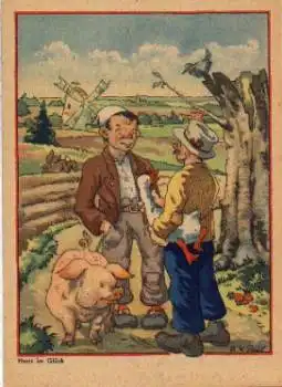 Hans im Glück Künstlerkarte A.W. Pau Schweine Windmühle Gans Märchenkarte * ca.1950