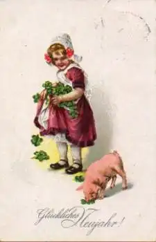 Mädchen füttert Schwein mit Kleeblättern, o 29.12.1927
