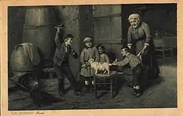Kinder spielen mit Katze, Frau wäscht, o 02.1.1918
