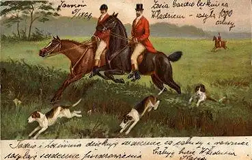 Jagd mit Pferden und Hunden Künstlerkarte o ca. 1900