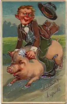 Mann reitet auf Schwein, * ca. 1920