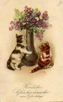 Katze vor Blumenvase mit Schmetterling und Flieder o 1.2.1927