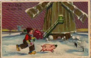 Schwein mit Kind Windmühle, Neujahrskarte, gebr. ca. 1920