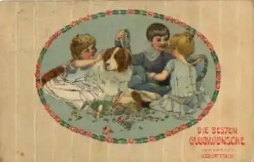Bernhardiner mit Kinder Geburtstagskarte gebr. ca. 1910