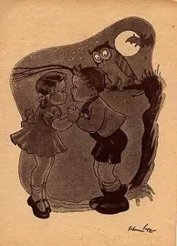 Eule beobachtet Kinder im Mondschein, Künstlerkarte * ca. 1930