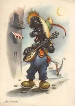 Pudel spielt im Mondschein Gitarre Hund Künstlerkarte Wegener o 18.7.1961