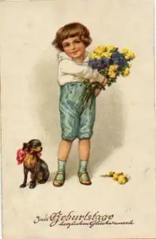 Junge mit Blumenstrauß und Hund o 11.9.1937