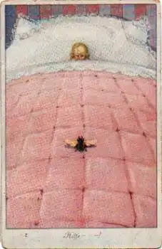 Insekten Fliege auf Bettdecke mit Kind gebr. 23.12.1925