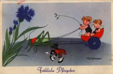 Insekten Grille vor Kutsche, Käfer, Künstlerkarte W. Schermels gebr. ca. 1930